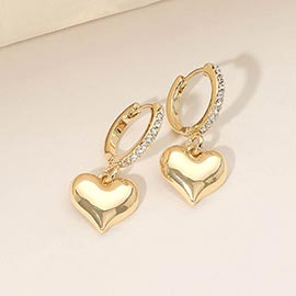 Gold Dipped Heart Charm Drop Dangle Stone Pave Huggie Hoop Earrings