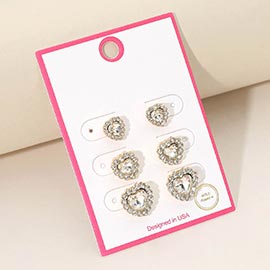 3Pairs - Gold Dipped Heart Halo Stud Earring Set