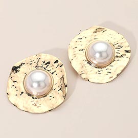 Pearl Centered Hammered Disc Earrings