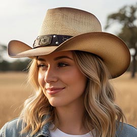 Rustic Star Concho Belt Accent Faux Leather Band Western Cowboy Hat