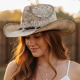 Handmade Vintage Steer Head Cactus Hat Horseshoe Charm Faux Leather Band Western Cowboy Hat