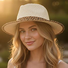 Two Tone Geometric Pattern Band Matching Brim Trim Straw Fedora Sun Hat