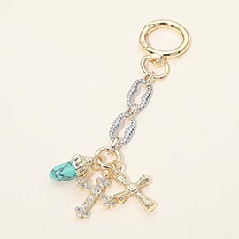 14K Gold Plated Two Tone CZ Stone Paved Double Cross Stone Charm Drop Bag Charm Keychain