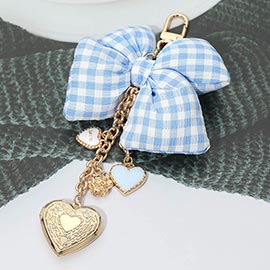 Checkered Bow Accent Heart Locket Charm Drop Keychain Bag Charm