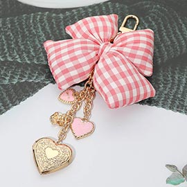 Checkered Bow Accent Heart Locket Charm Drop Keychain Bag Charm