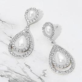 Teardrop Pearl Accent Rhinestone Pave Trim Drop Evening Earrings