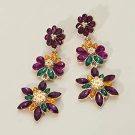 Mardi Gras Glass Stone Cluster Layered Petal Floral Drop Statement Earrings