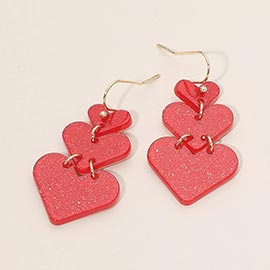 Triple Glitter Resin Heart Plate Link Drop Earrings