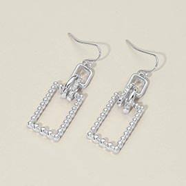 Stone Pave Linked Metal Beaded Rectangle Drop Earrings