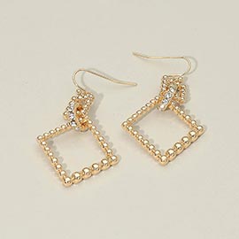 Stone Pave Linked Metal Beaded Square Drop Earrings