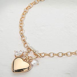 Puffy Metal Pearl Heart Stone Charm Toggle Pendant Necklace