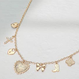 Stone Pave Textured Heart Cross Bow Western Boot Quatrefoil Charm Station Necklace