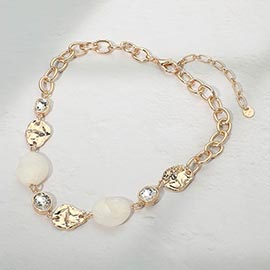 Marbled Resin Pebble Hammered Metal Plate Stone Cluster Link Necklace