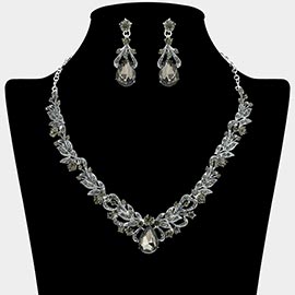 Teardrop Stone Cluster Accent Rhinestone Paved Leaf Embellished Necklace