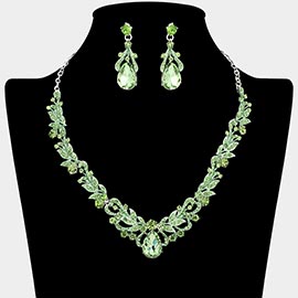 Teardrop Stone Cluster Accent Rhinestone Paved Leaf Embellished Necklace