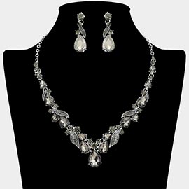 Teardrop Stone Cluster Accent Rhinestone Paved Leaf Embellished Necklace