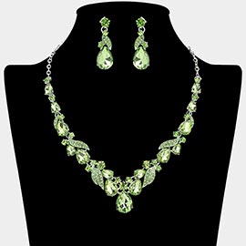 Teardrop Stone Cluster Accent Rhinestone Paved Leaf Embellished Necklace
