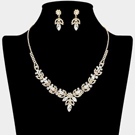 Marquise Stone Cluster Leaf Drop Rhinestone Paved Necklace