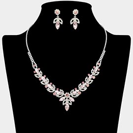 Marquise Stone Cluster Leaf Drop Rhinestone Paved Necklace