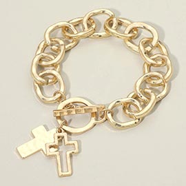 Hammered Layered Cross Charm Chunky Chain Toggle Bracelet