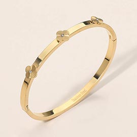 Stainless Steel CZ Center Quatrefoil Station Hinged Bangle Bracelet