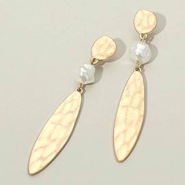 Pearl Accent Hammered Slim Oval Plate Link Drop Statement Earrings