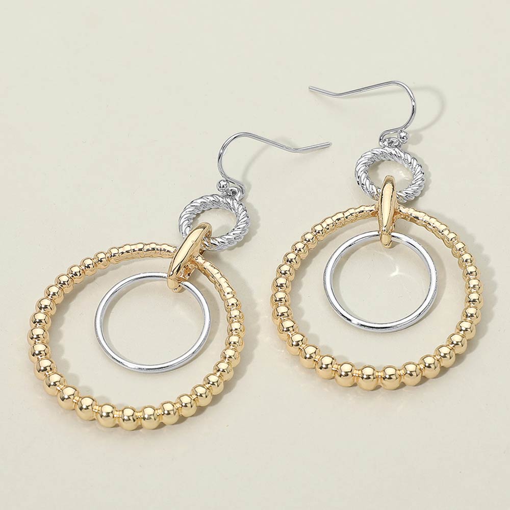 Two Tone Metal Beaded Ring Link Drop Earrings
