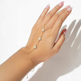 Gold Dipped CZ Pearl Flower Link Hand Chain Magnetic Bracelet