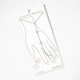 White Gold Dipped Delicate CZ Pave Cross Charm Accent Hand Chain Magnetic Bracelet