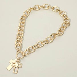Hammered Layered Cross Pendant Chunky Chain Toggle Necklace