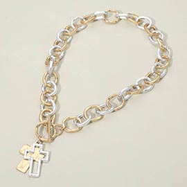 Hammered Layered Cross Pendant Chunky Chain Toggle Necklace