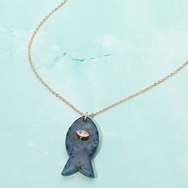 Marquise Stone Cluster Accent Fish Pendant Necklace
