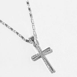 White Gold Dipped CZ Paved Cross Pendant Necklace