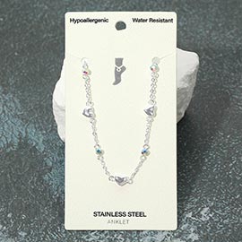 Stainless Steel Heart Charm Stone Station Anklet