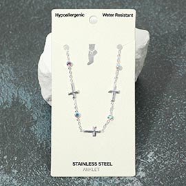 Stainless Steel Cross Charm Stone Station Anklet