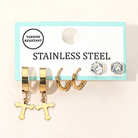 3Pairs - Stainless Steel Cross Charm Huggie Hoop Stone Stud Earring Set