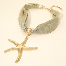 Bold Brushed Metal Starfish Pendant Mesh Statement Necklace