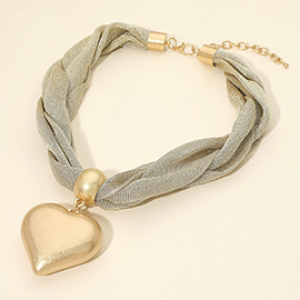 Bold Brushed Metal Heart Pendant Braided Mesh Statement Necklace