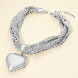 Bold Brushed Metal Heart Pendant Braided Mesh Statement Necklace