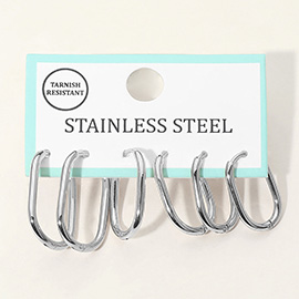 3Pairs - Stainless Steel Oval Huggie Hoop Earring Set
