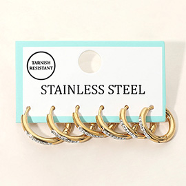 3Pairs - Stainless Steel Stone Pave Huggie Hoop Earring Set