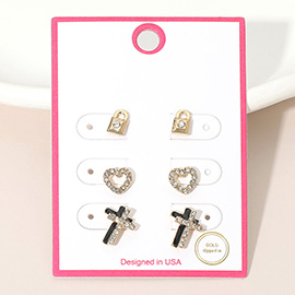 3Pairs - Gold Dipped Stone Pave Mini Lock Heart Double Cross Stud Earring Set