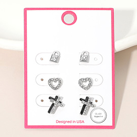 3Pairs - Silver Dipped Stone Pave Mini Lock Heart Double Cross Stud Earring Set