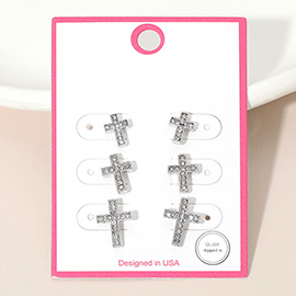 3Pairs - Silver Dipped Stone Pave Cross Stud Earring Set