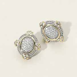 14K Gold Plated Two Tone CZ Pave Oval Stud Earrings