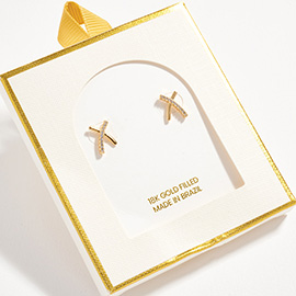 18K Gold Filled CZ Pave Crossover Bar Stud Earrings