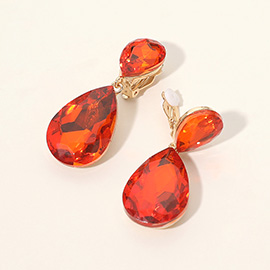 Glass Crystal Double Teardrop Clip On Evening Earrings