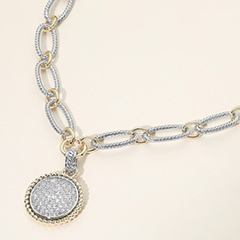 14K Gold Plated Two Tone Oval Link CZ Pave Round Pendant Necklace