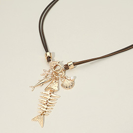 Fishbone Pearl Shell Charm Pendant Layered Cord Necklace