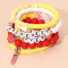 6PCS - BEST TEACHER EVER Message Pencil Apple Charm Heishi Beaded Stretch Multi Layered Bracelets